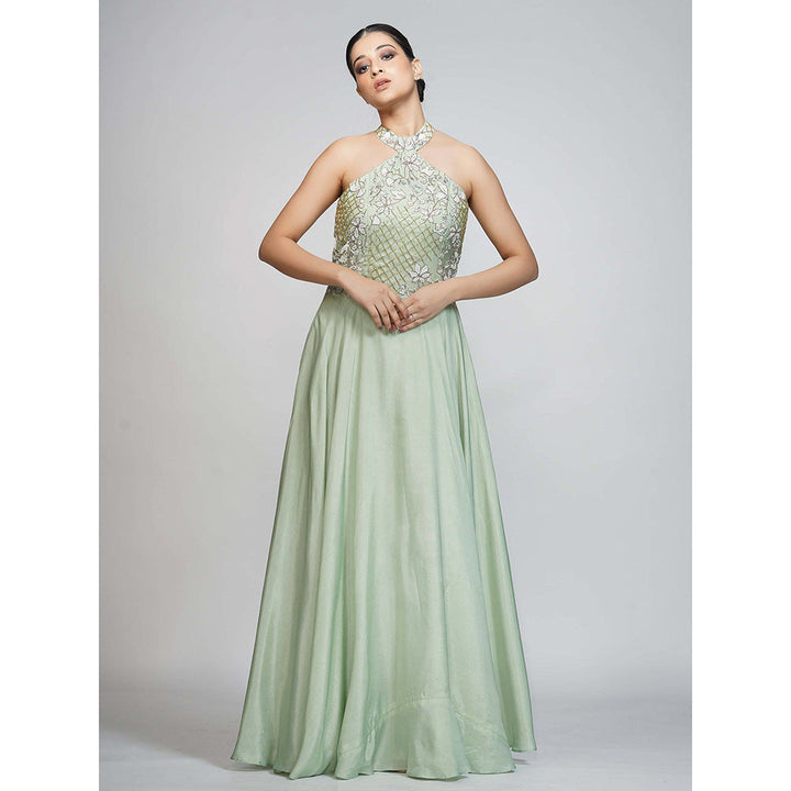 Shruti S Green Halter Neck Embroidered Gown