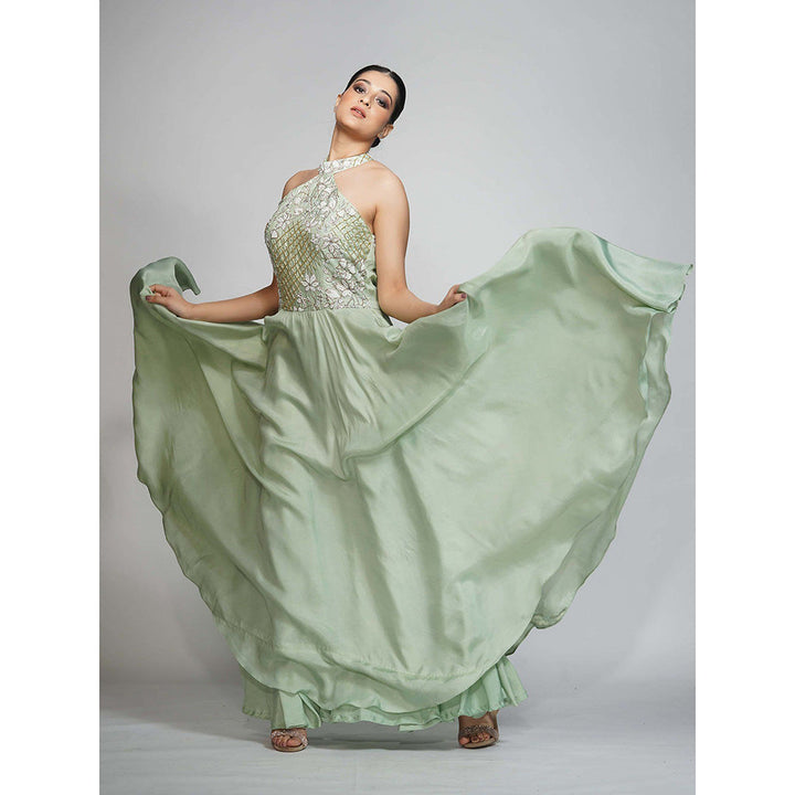 Shruti S Green Halter Neck Embroidered Gown