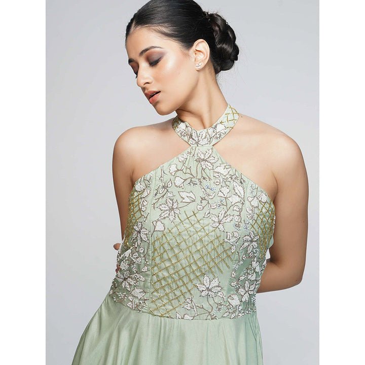 Shruti S Green Halter Neck Embroidered Gown