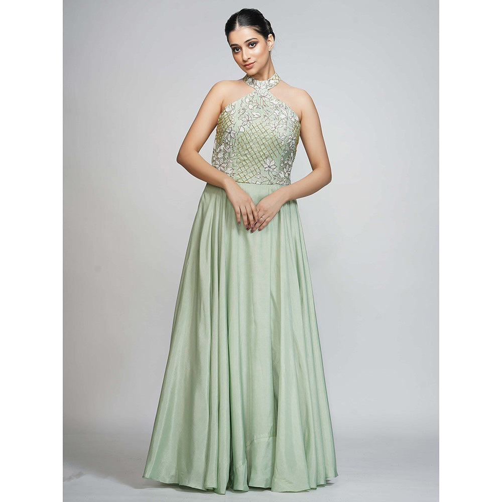 Shruti S Green Halter Neck Embroidered Gown