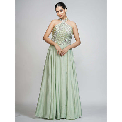 Shruti S Green Halter Neck Embroidered Gown