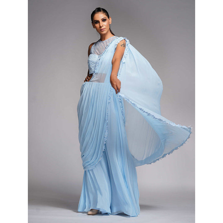 Shruti S Blue Bell Bottom Saree With Tone On Tone Embroidery with Stitched Blouse