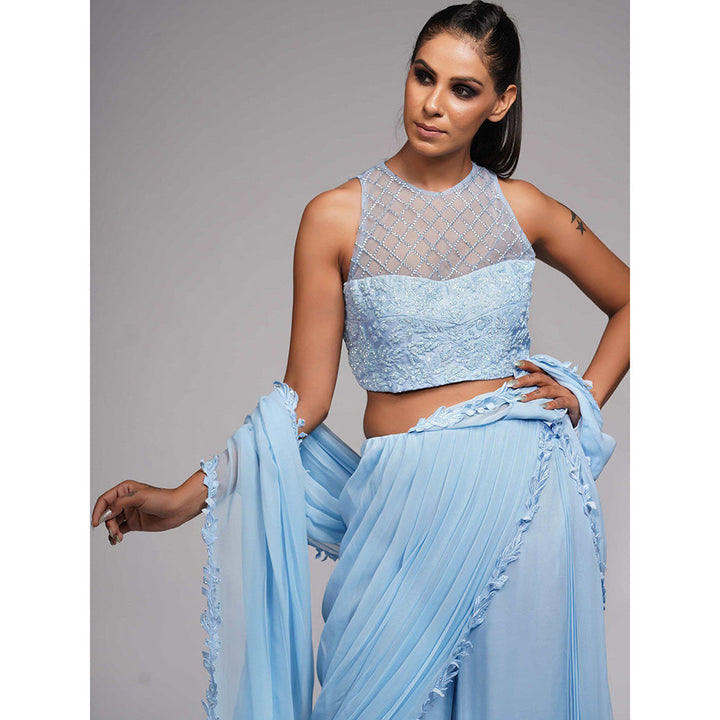 Shruti S Blue Bell Bottom Saree With Tone On Tone Embroidery with Stitched Blouse