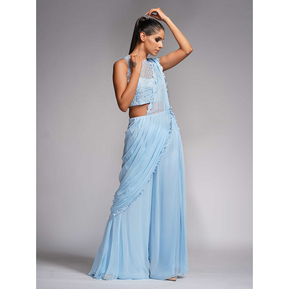 Shruti S Blue Bell Bottom Saree With Tone On Tone Embroidery with Stitched Blouse