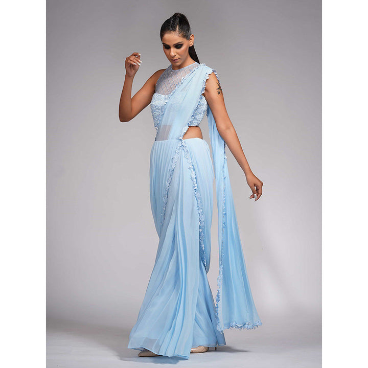 Shruti S Blue Bell Bottom Saree With Tone On Tone Embroidery with Stitched Blouse