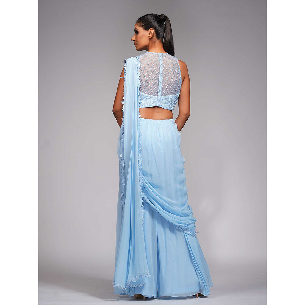 Shruti S Blue Bell Bottom Saree With Tone On Tone Embroidery with Stitched Blouse