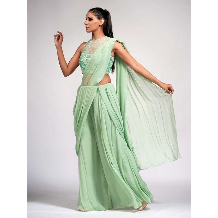 Shruti S Green Bell Bottom Saree With Tone On Tone Embroidery with Stitched Blouse