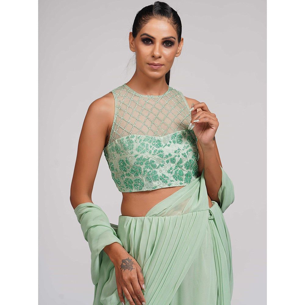 Shruti S Green Bell Bottom Saree With Tone On Tone Embroidery with Stitched Blouse