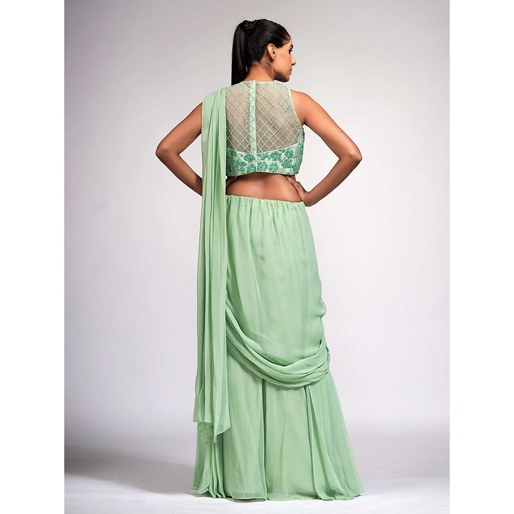 Shruti S Green Bell Bottom Saree With Tone On Tone Embroidery with Stitched Blouse