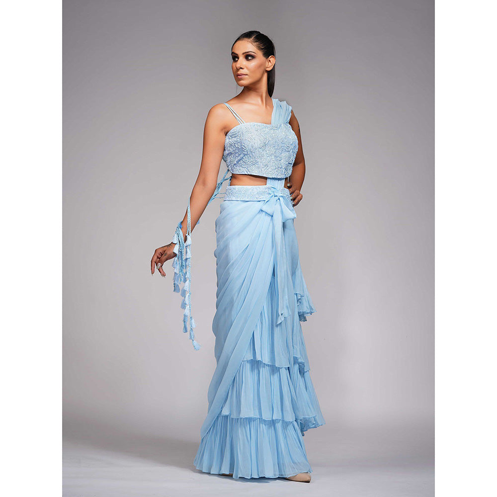 Shruti S Blue Ruffle Saree With Tone On Tone Embroidery with Stitched Blouse