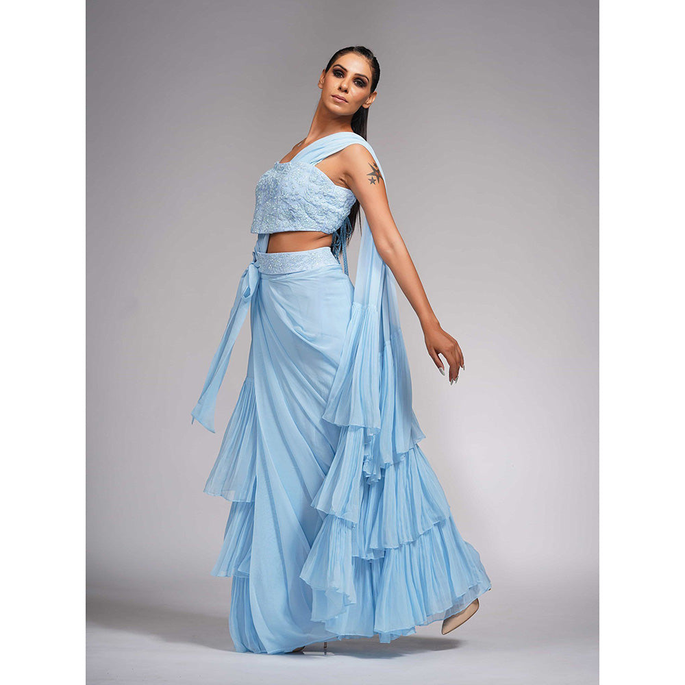 Shruti S Blue Ruffle Saree With Tone On Tone Embroidery with Stitched Blouse