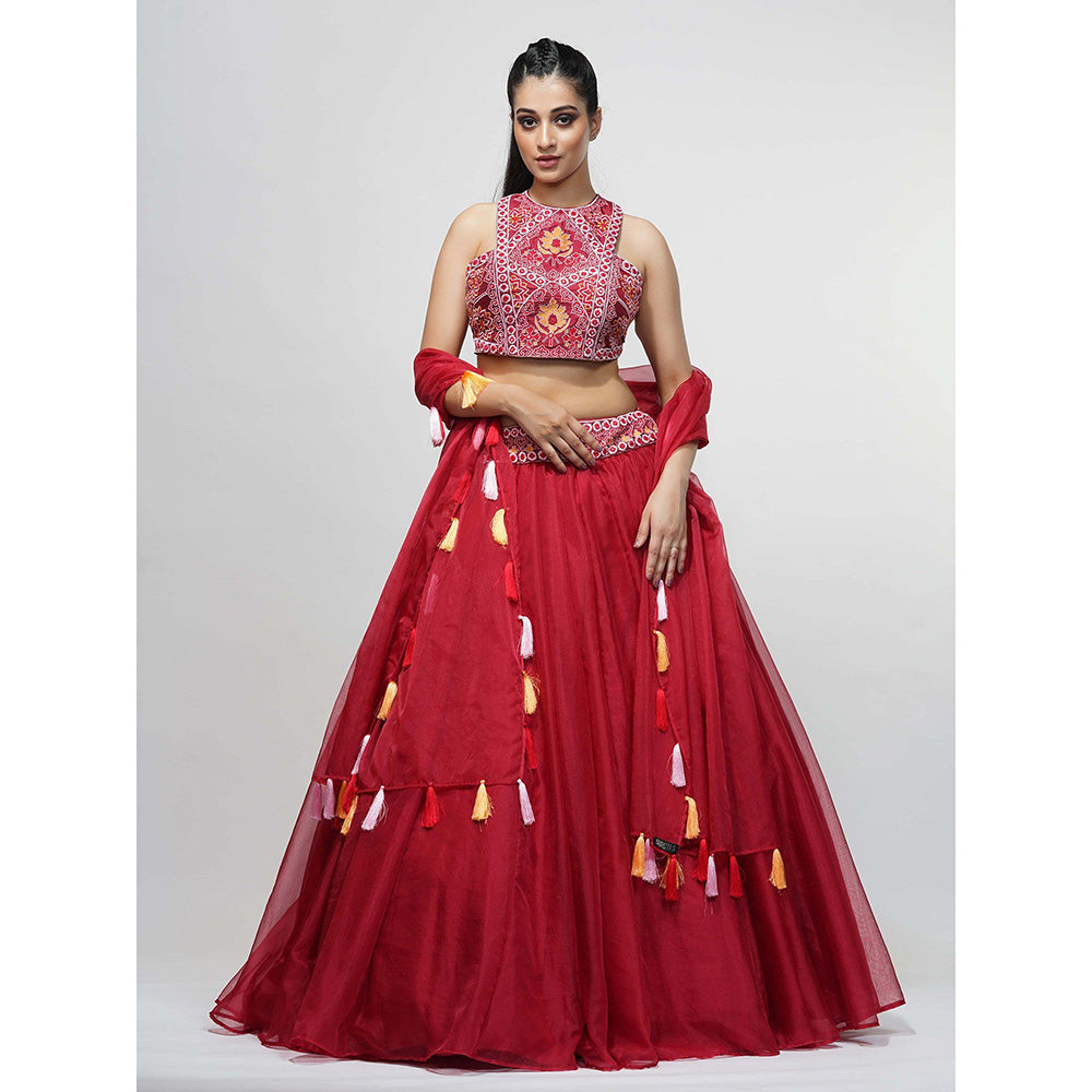 Shruti S Red Thread Work Lehenga (Set of 3)