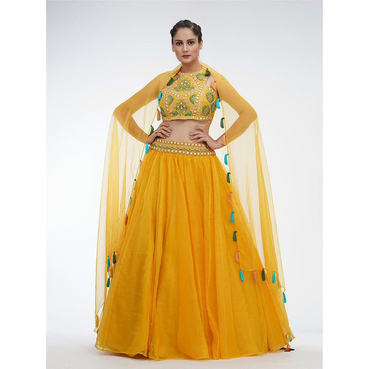 Shruti S Yellow Racer Blouse Lehenga (Set of 3)