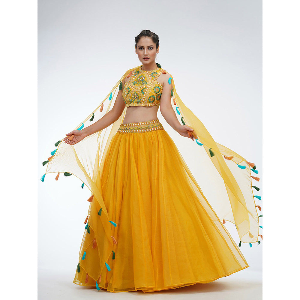 Shruti S Yellow Racer Blouse Lehenga (Set of 3)