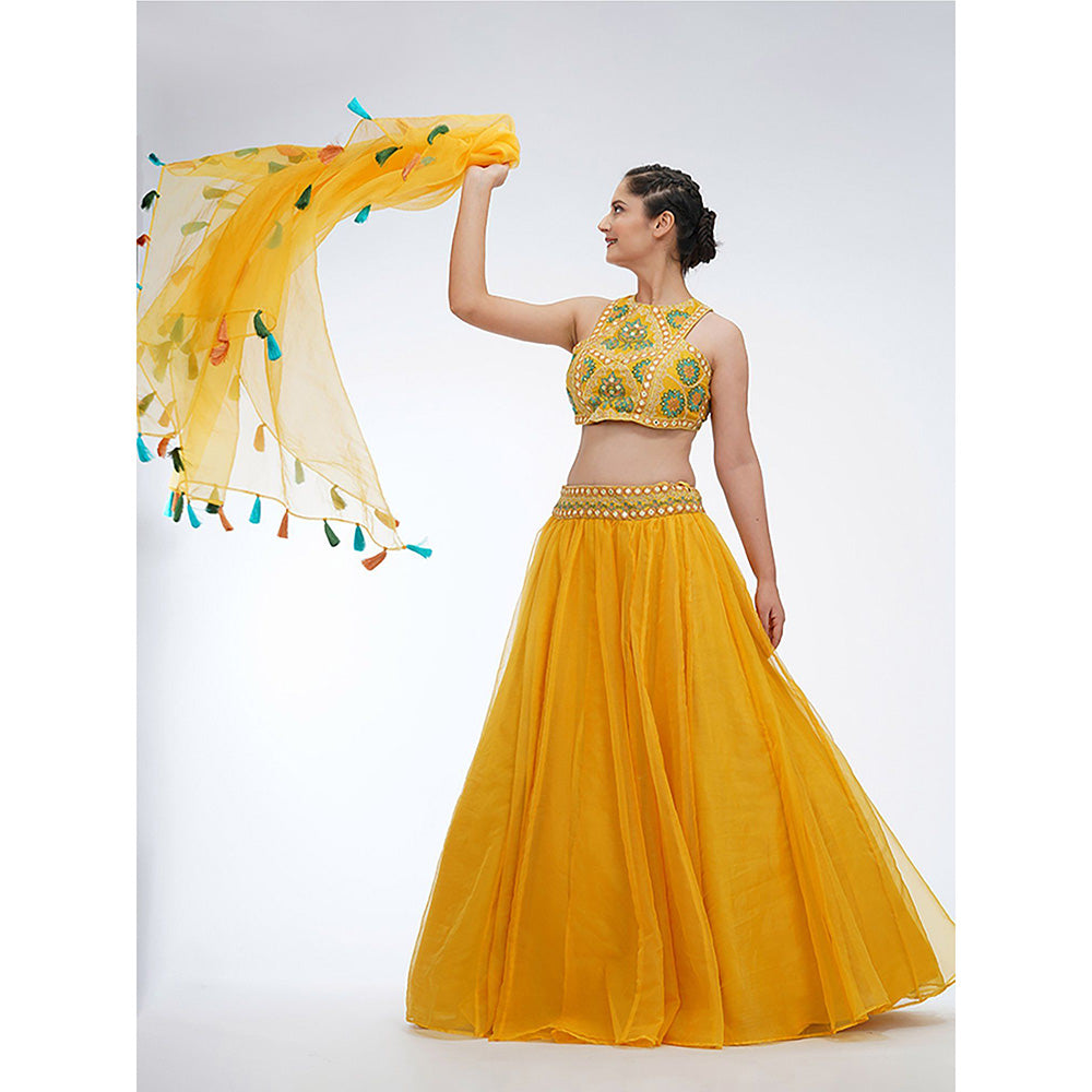 Shruti S Yellow Racer Blouse Lehenga (Set of 3)