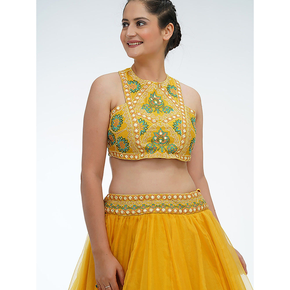 Shruti S Yellow Racer Blouse Lehenga (Set of 3)