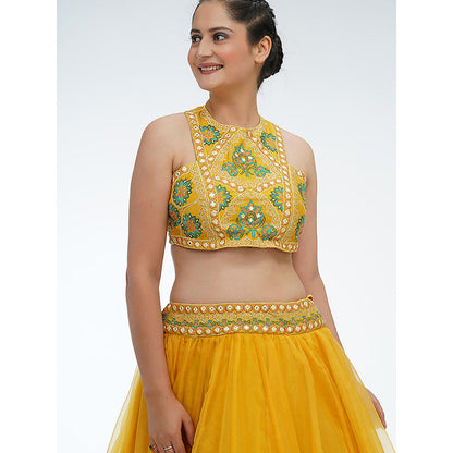 Shruti S Yellow Racer Blouse Lehenga (Set of 3)