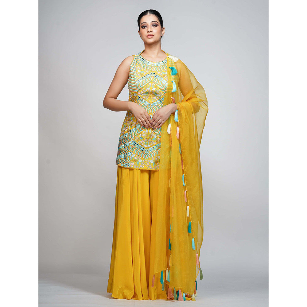 Shruti S Yellow Resham And Mirror Work Sharara (Set of 3)