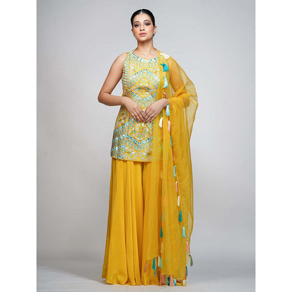 Shruti S Yellow Resham And Mirror Work Sharara (Set of 3)