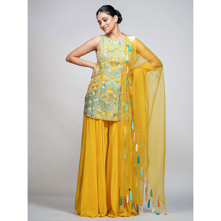 Shruti S Yellow Resham And Mirror Work Sharara (Set of 3)