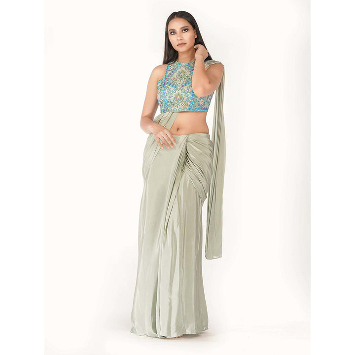 Shruti S Green Draped Saree With Racer Blouse with Stitched Blouse