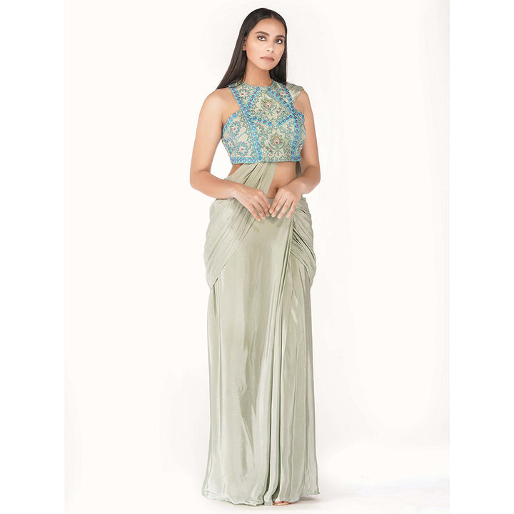 Shruti S Green Draped Saree With Racer Blouse with Stitched Blouse