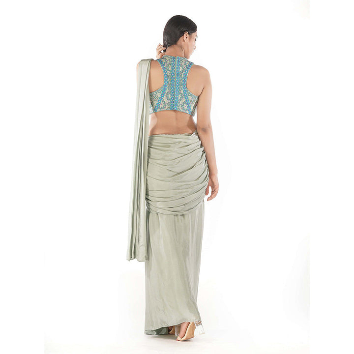 Shruti S Green Draped Saree With Racer Blouse with Stitched Blouse