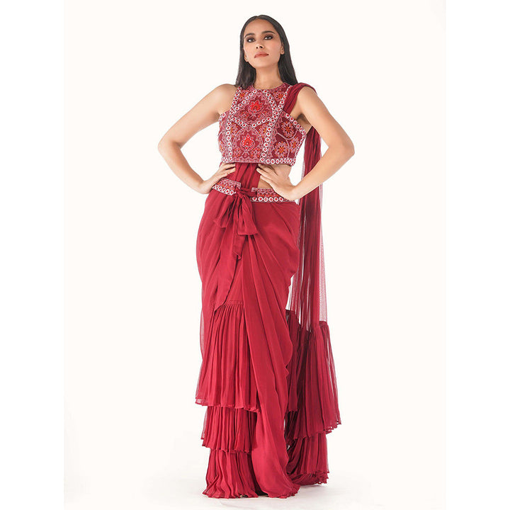 Shruti S Red Ruffle Draped Saree with Stitched Blouse