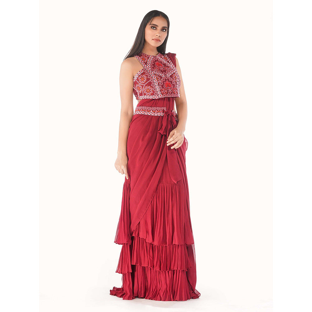 Shruti S Red Ruffle Draped Saree with Stitched Blouse