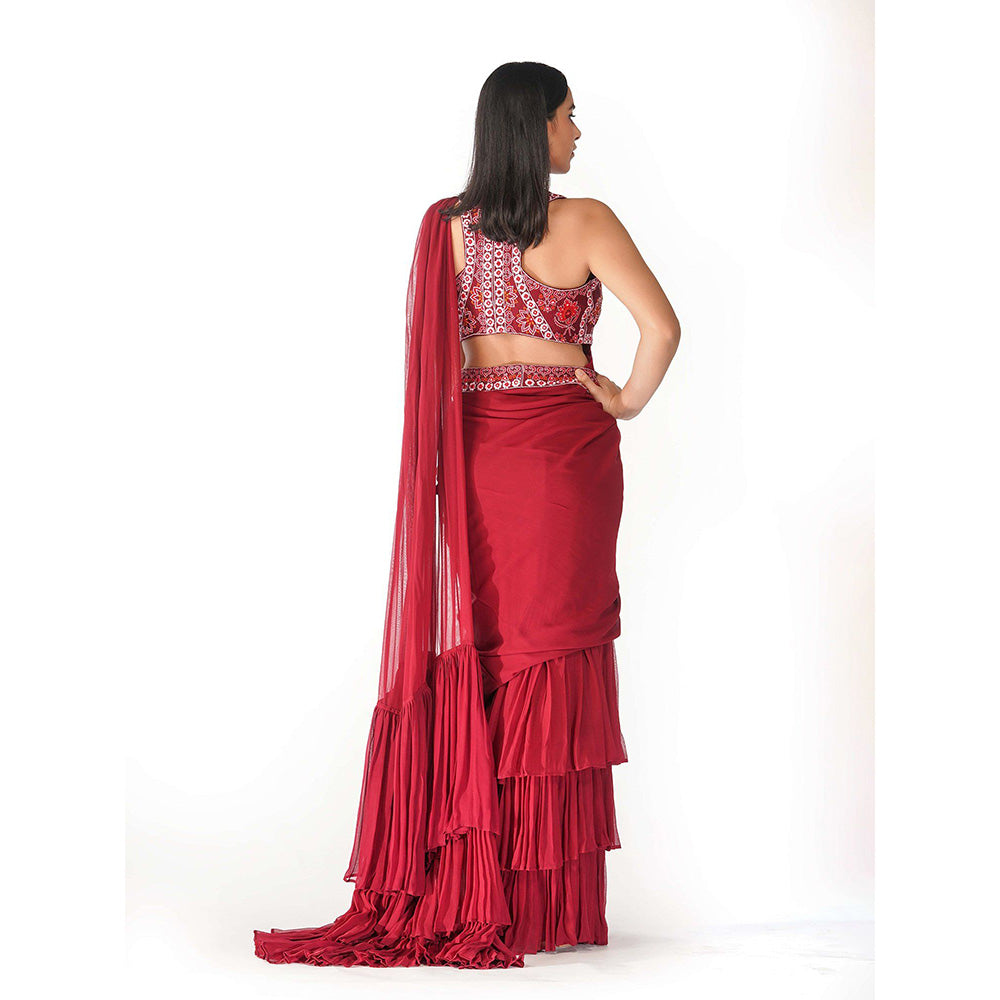 Shruti S Red Ruffle Draped Saree with Stitched Blouse