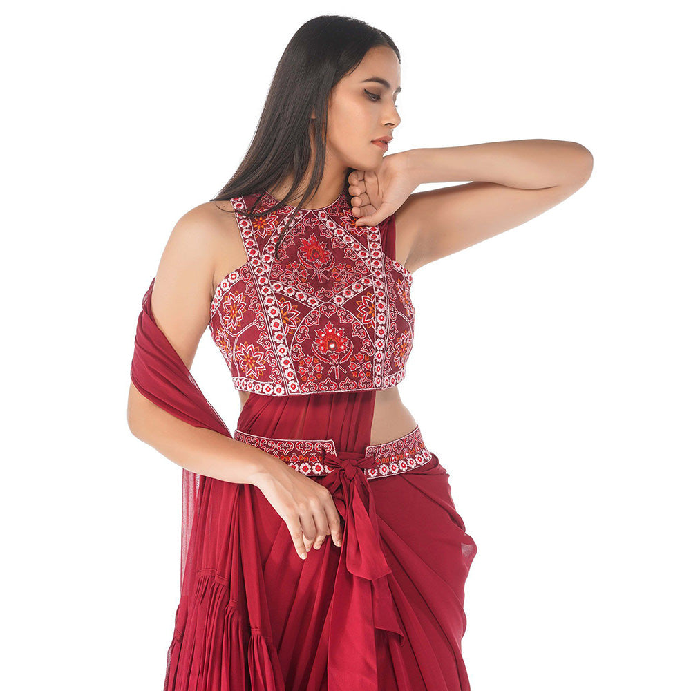 Shruti S Red Ruffle Draped Saree with Stitched Blouse