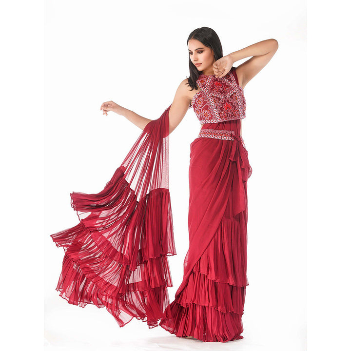 Shruti S Red Ruffle Draped Saree with Stitched Blouse