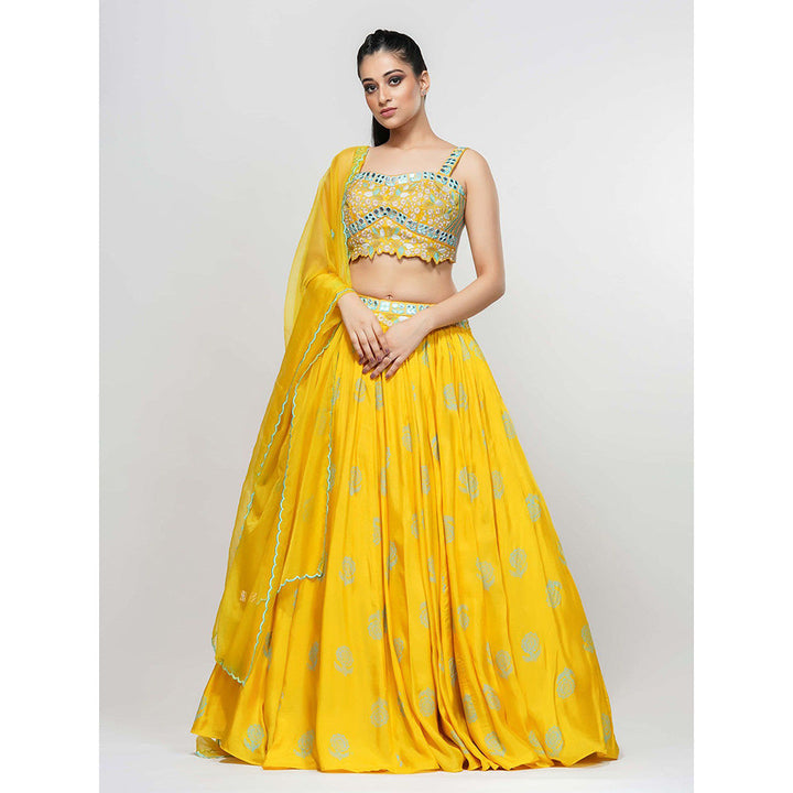 Shruti S Yellow Hand Painted Mirror Work Lehenga (Set of 3)