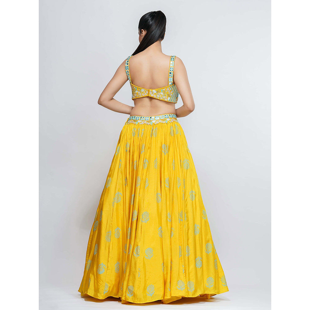 Shruti S Yellow Hand Painted Mirror Work Lehenga (Set of 3)