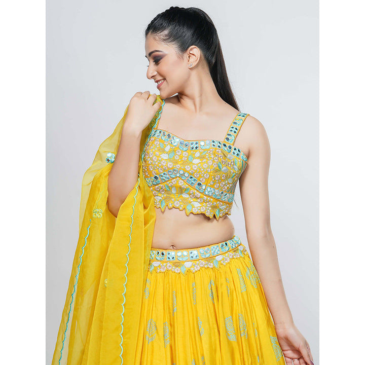 Shruti S Yellow Hand Painted Mirror Work Lehenga (Set of 3)