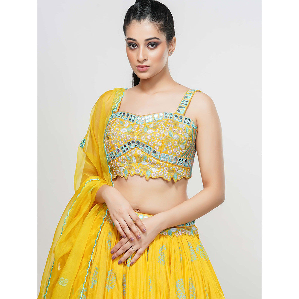 Shruti S Yellow Hand Painted Mirror Work Lehenga (Set of 3)