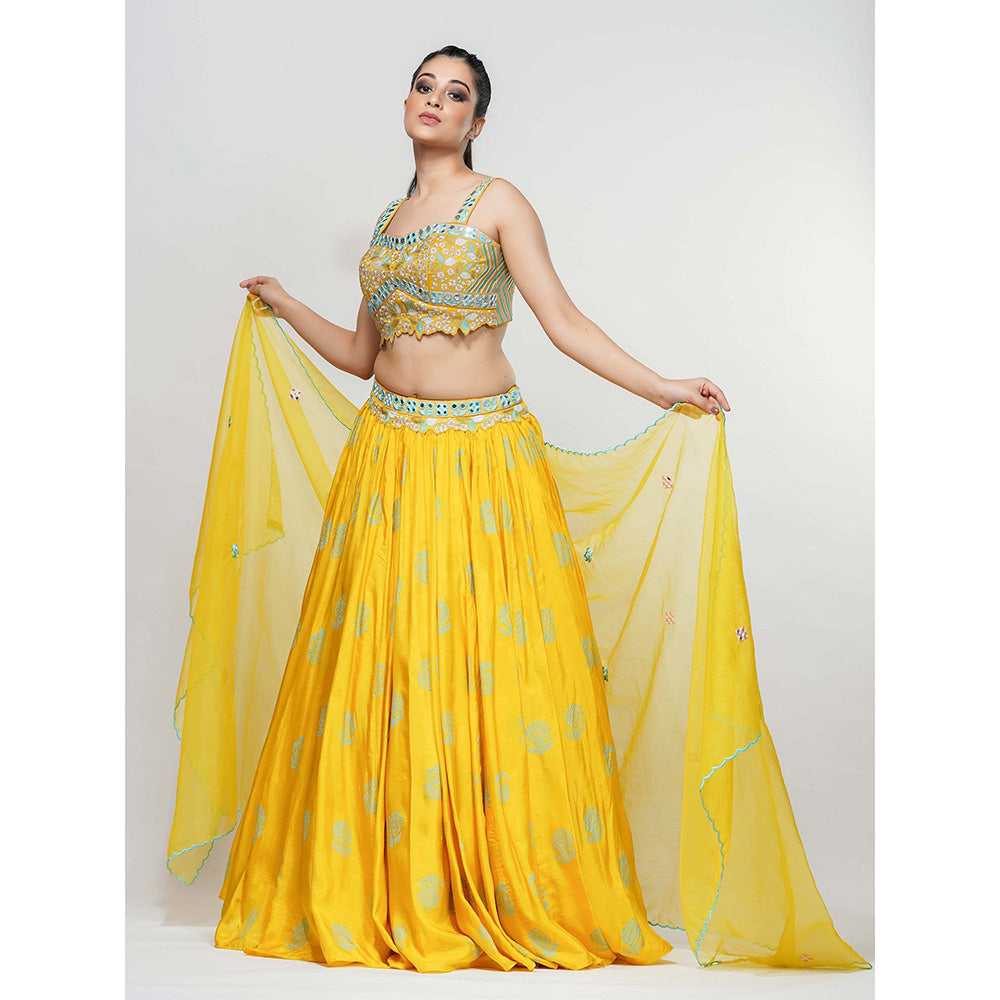 Shruti S Yellow Hand Painted Mirror Work Lehenga (Set of 3)