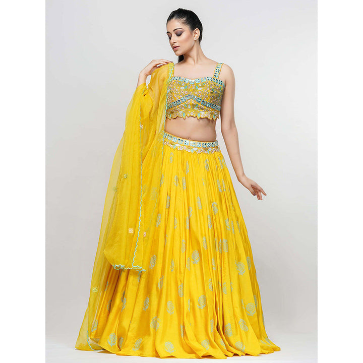 Shruti S Yellow Hand Painted Mirror Work Lehenga (Set of 3)