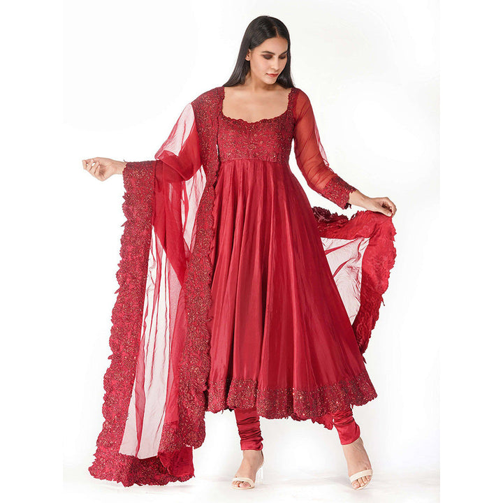 Shruti S Red Classic Embroidered Anarkali (Set of 3)