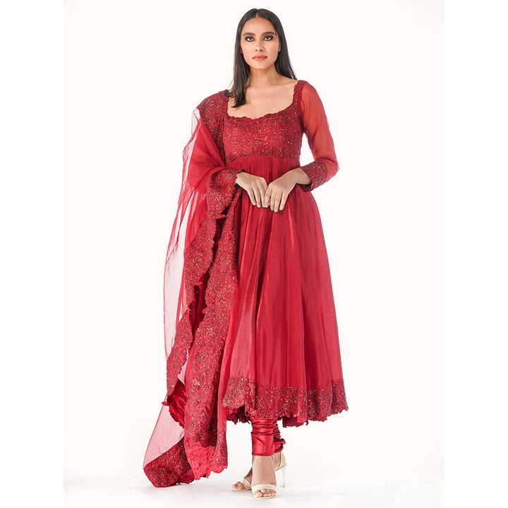 Shruti S Red Classic Embroidered Anarkali (Set of 3)