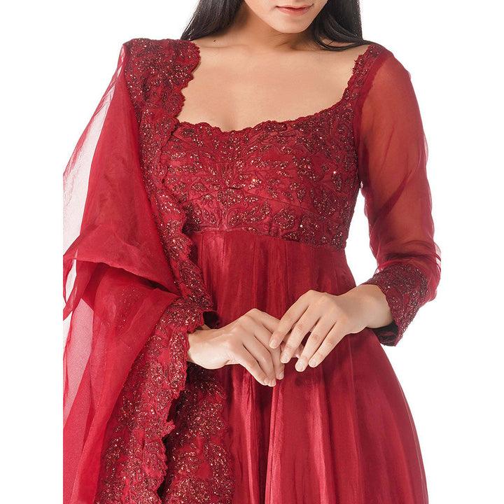 Shruti S Red Classic Embroidered Anarkali (Set of 3)