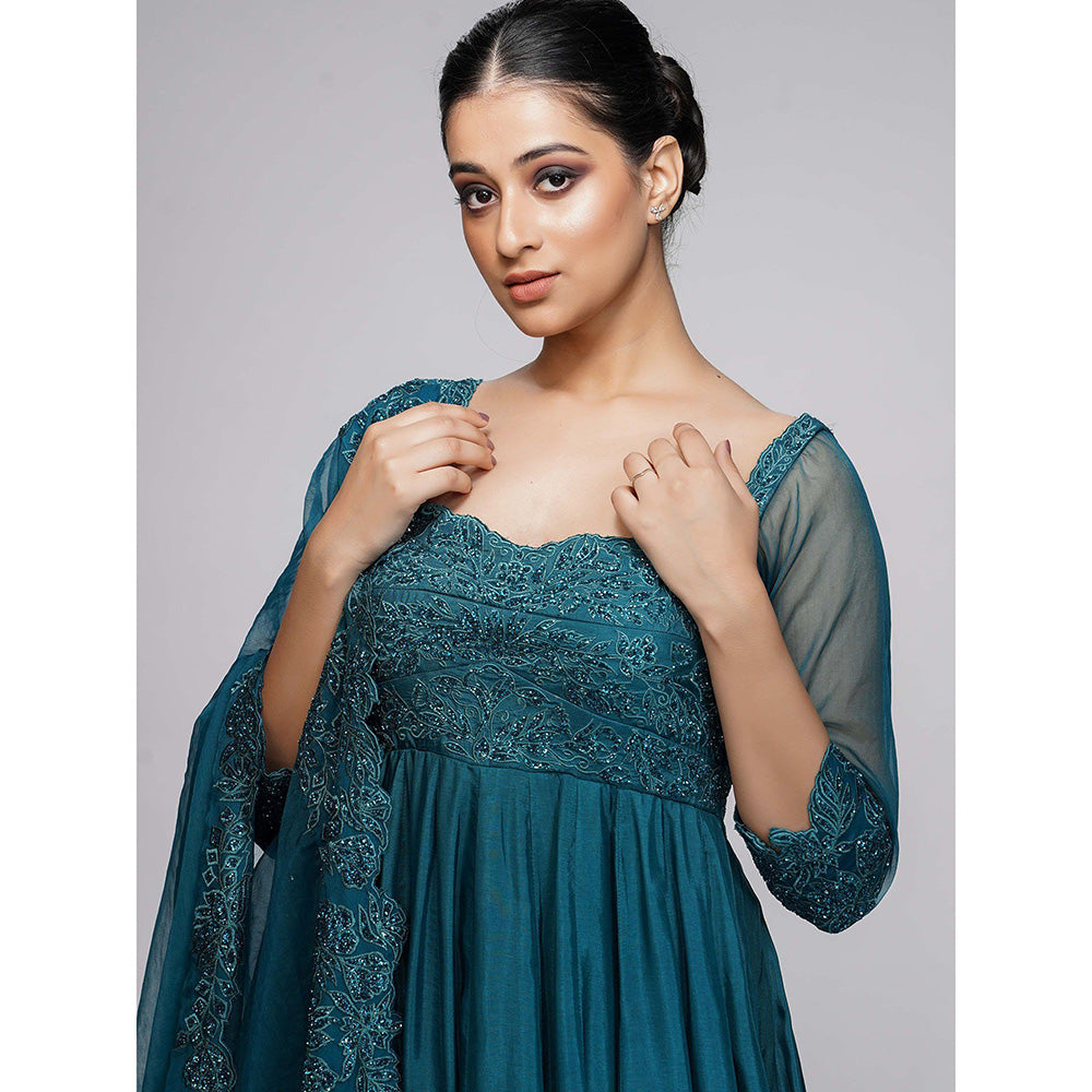 Shruti S Teal Classic Embroidered Anarkali (Set of 3)