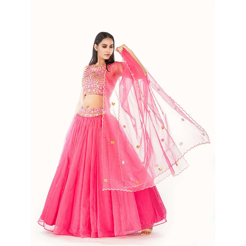 Shruti S Pink Thread And Mirror Work Lehenga (Set of 3)