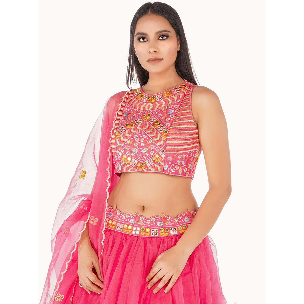 Shruti S Pink Thread And Mirror Work Lehenga (Set of 3)