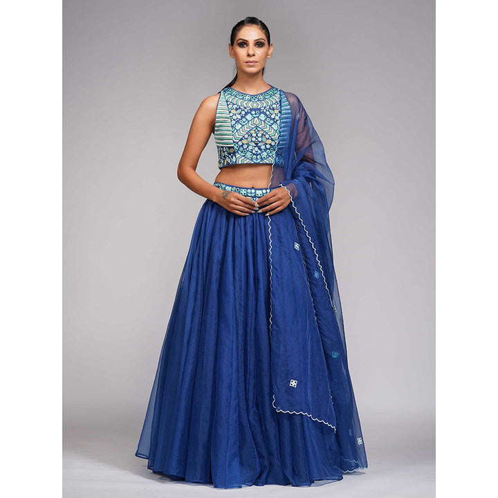 Shruti S Blue Thread And Mirror Work Lehenga (Set of 3)