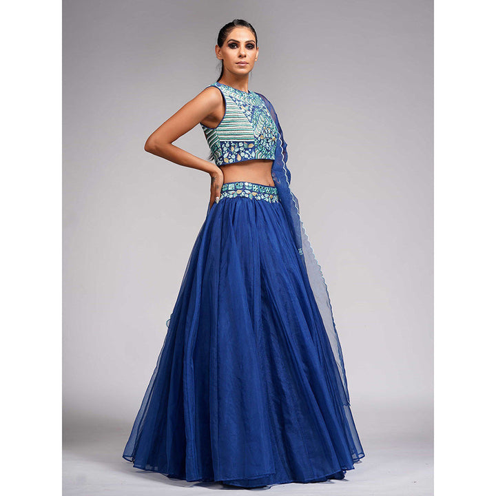 Shruti S Blue Thread And Mirror Work Lehenga (Set of 3)