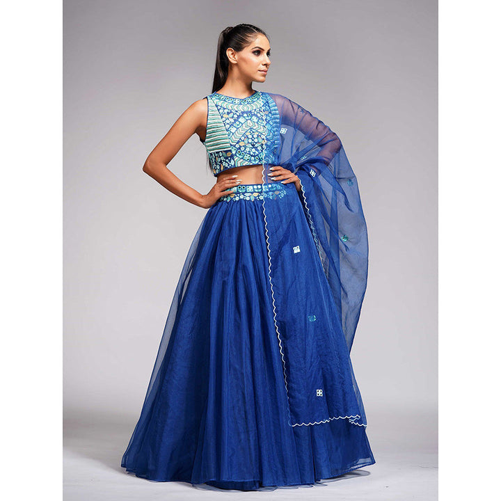 Shruti S Blue Thread And Mirror Work Lehenga (Set of 3)