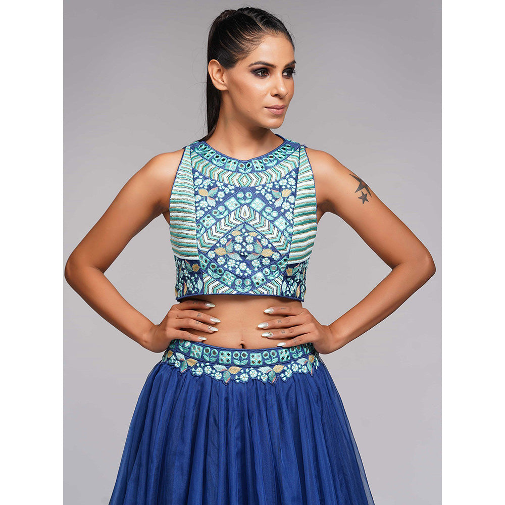 Shruti S Blue Thread And Mirror Work Lehenga (Set of 3)