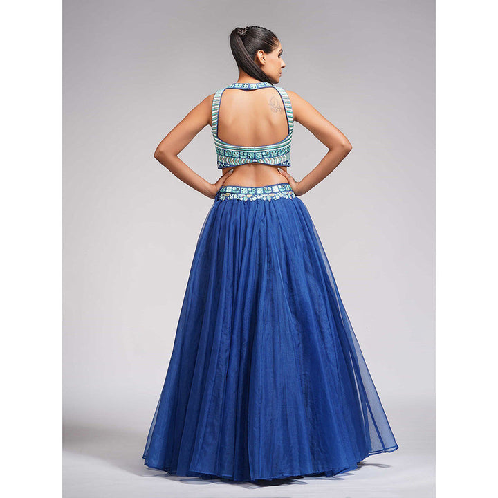 Shruti S Blue Thread And Mirror Work Lehenga (Set of 3)