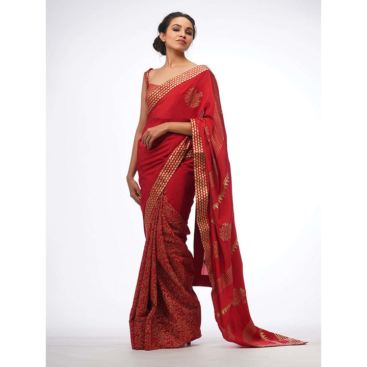 Shruti S Red Half Silk Saree with Stitched Blouse